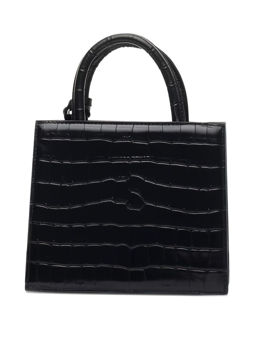 Mc2 Saint Barth Structured Black Embossed Crocodile Handbag With Gold-Tone Logo And Detachable Strap