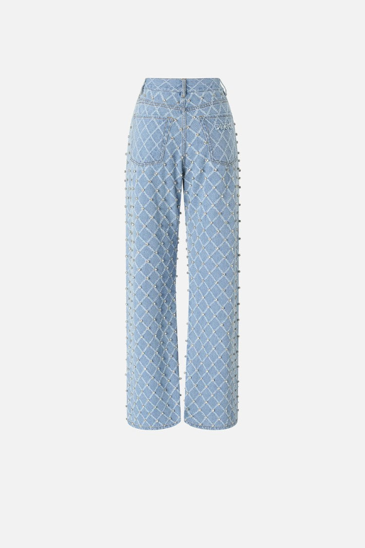 Pinko Blue Wanda Diamond-Lattice Crystal Cotton Wide-Leg Jeans