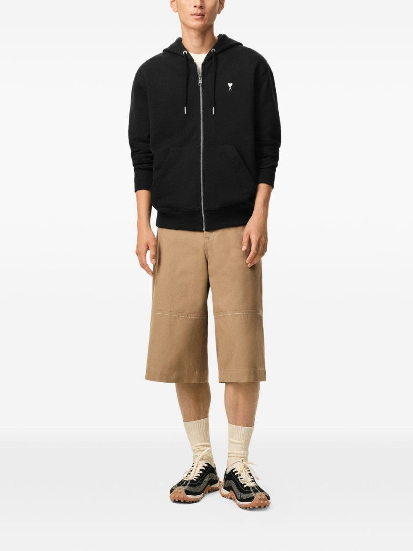 Ami Paris Black Zip-Up Hoodie With Drawstring Hood