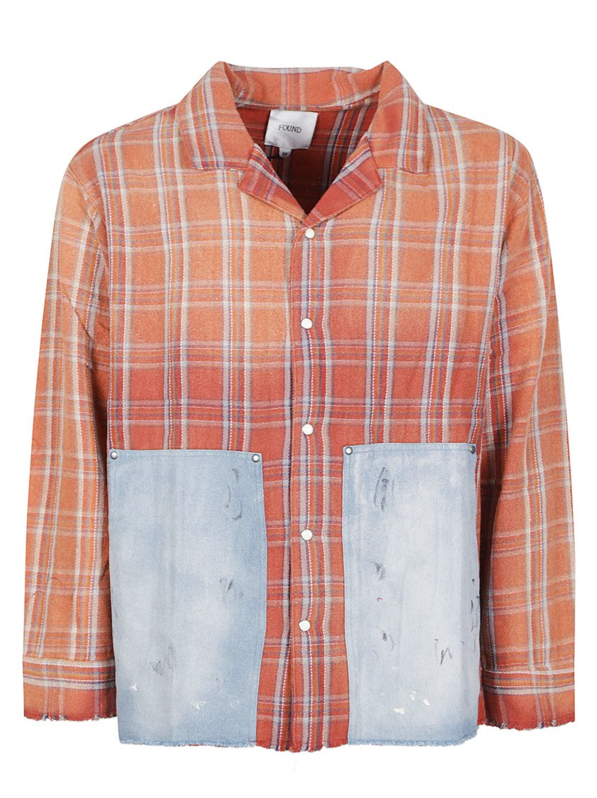 Found Plaid Denim Patch Pockets Cotton Casual Shirt