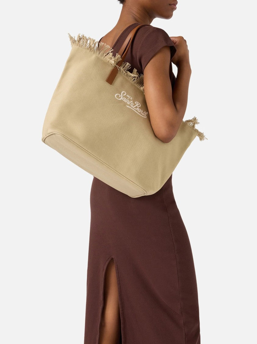 Mc2 Saint Barth Fringed Beige Canvas Tote Bag With Leather Accents
