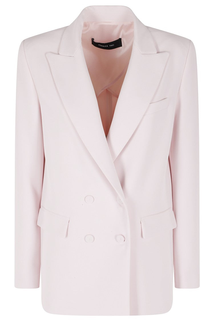 Federica Tosi Pink Cady Double-Breasted Padded-Epaulettes Polyester Blazer
