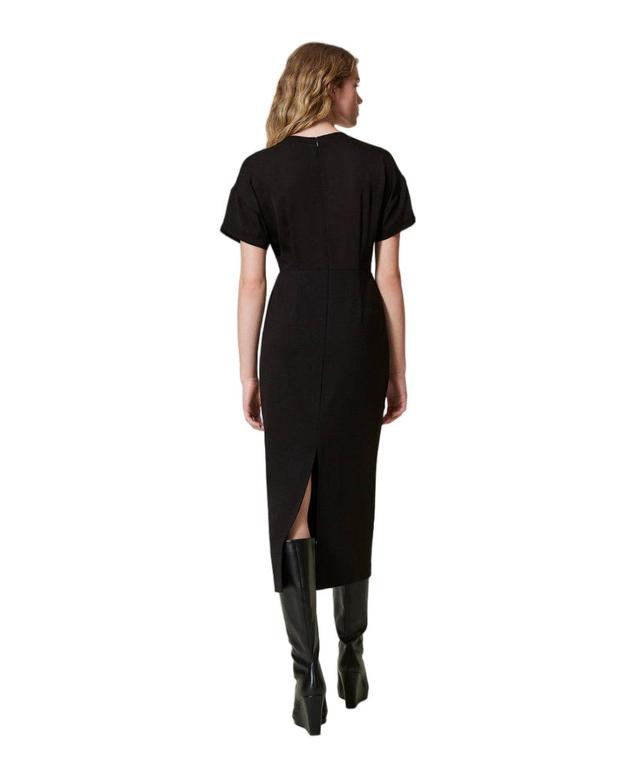 Twin-Set Black Crêpe De Chine Punto Milano Trompe L'oeil Midi Dress
