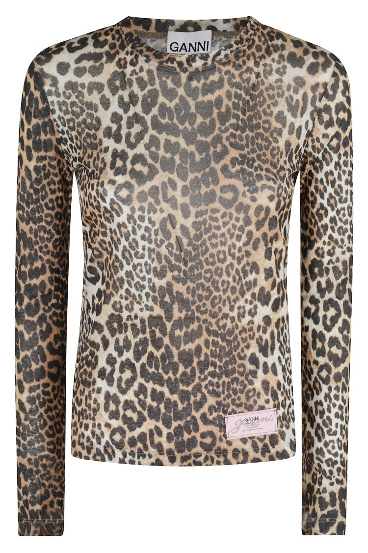 Ganni Leopard Pattern Printed Mesh Long Top