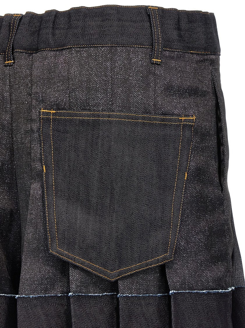 Sacai Flounced Denim Print Synthetic Shorts With Cotton Details