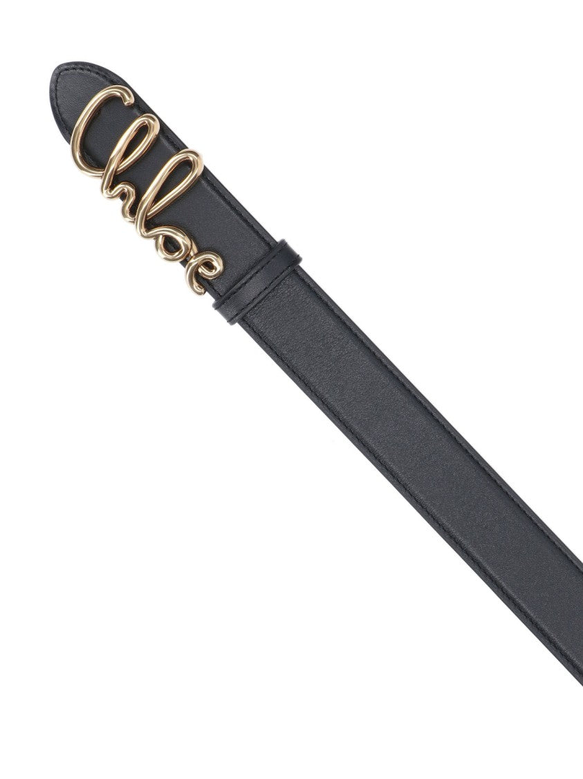 Chloé Black Leather Belt With Gold Logo Buckle