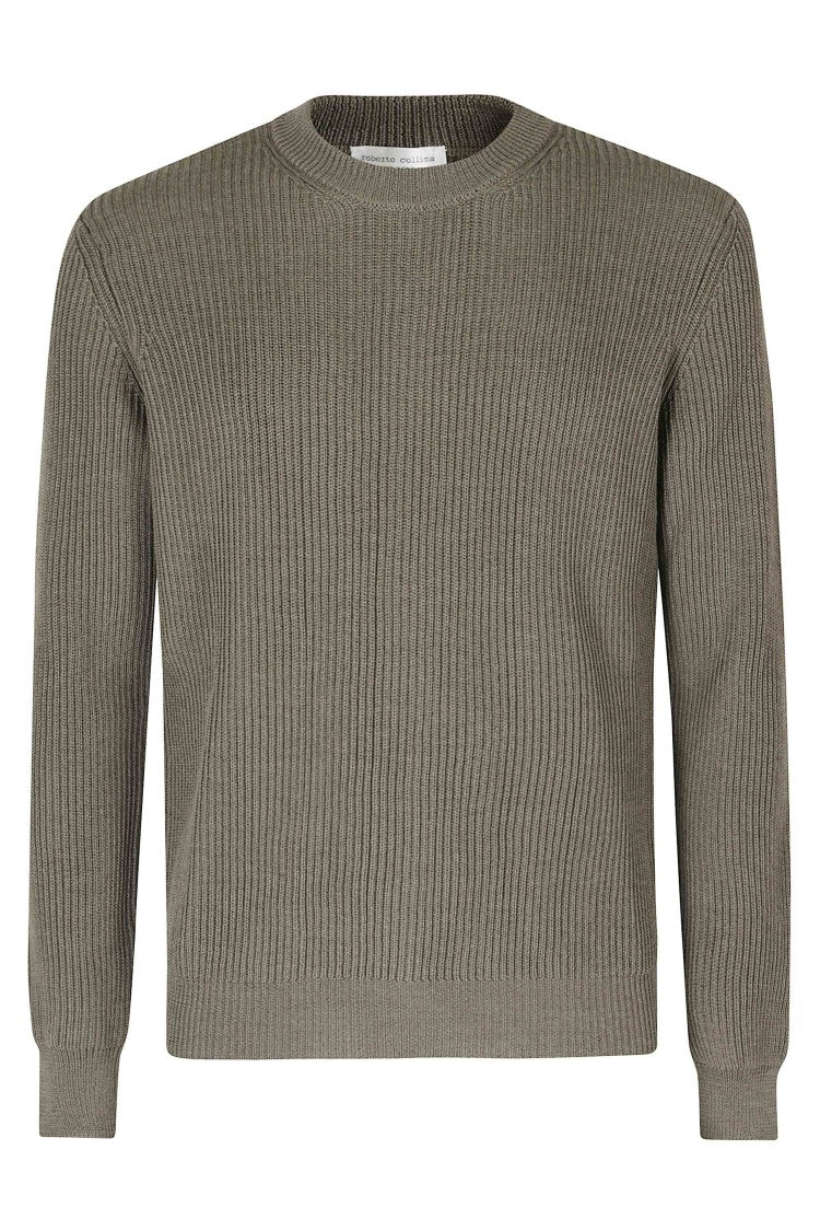 Roberto Collina Military Green Ribbed Crew-Neck Merino Wool Sweater