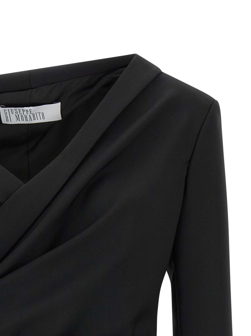 Giuseppe Di Morabito Black Wool Canvas Asymmetrical Blazer With Jewel Brooch