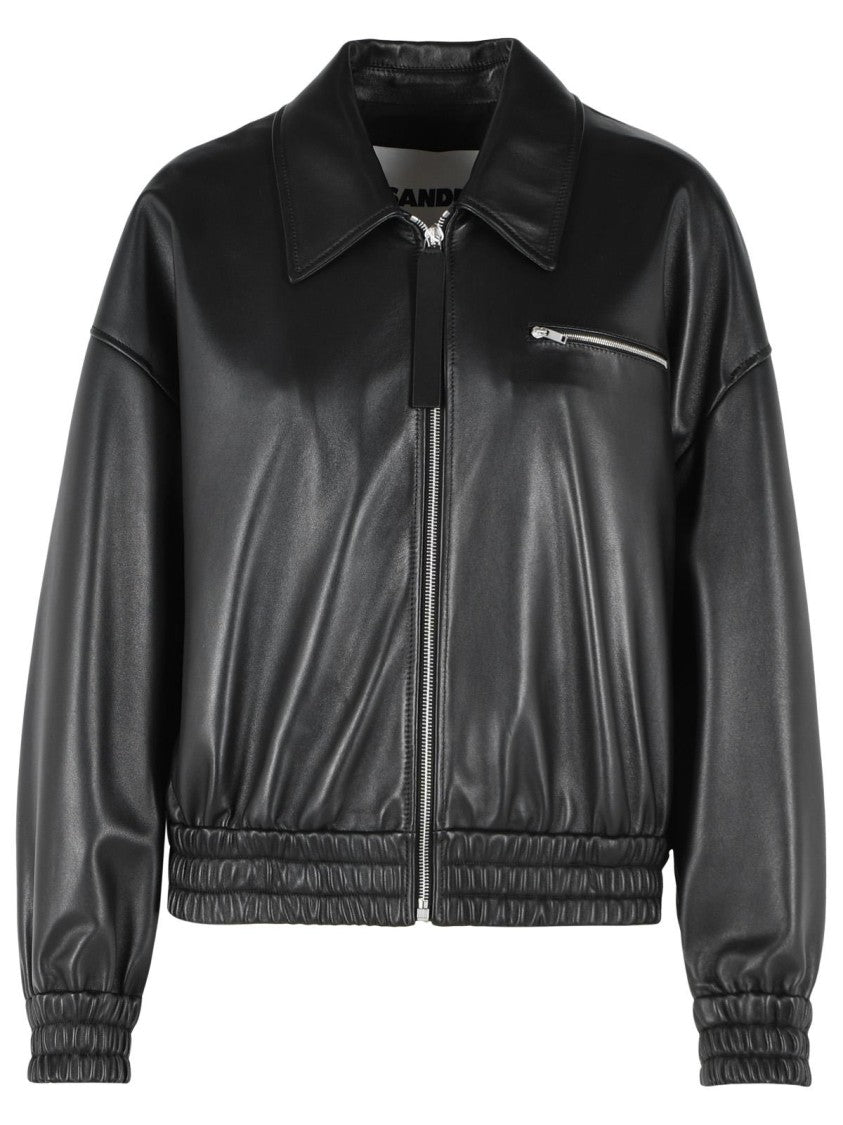 Jil Sander Black Leather Bomber Jacket