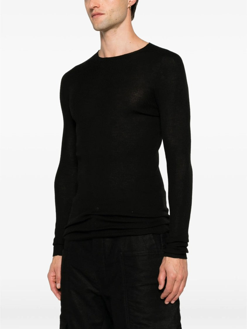 Rick Owens Fitted Black Ribbed Knit Sweater With Round Neckline