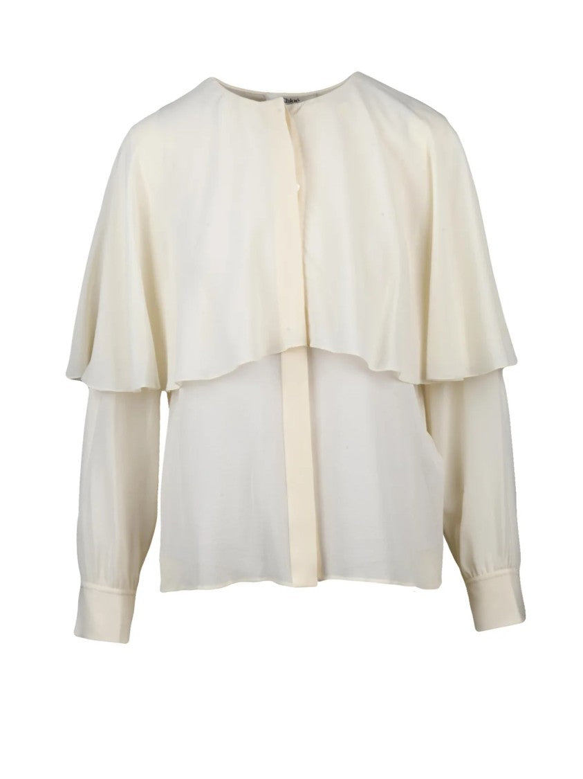 Chloé Cascading White Chiffon Blouse With Layered Overlay And Crew Neck Design