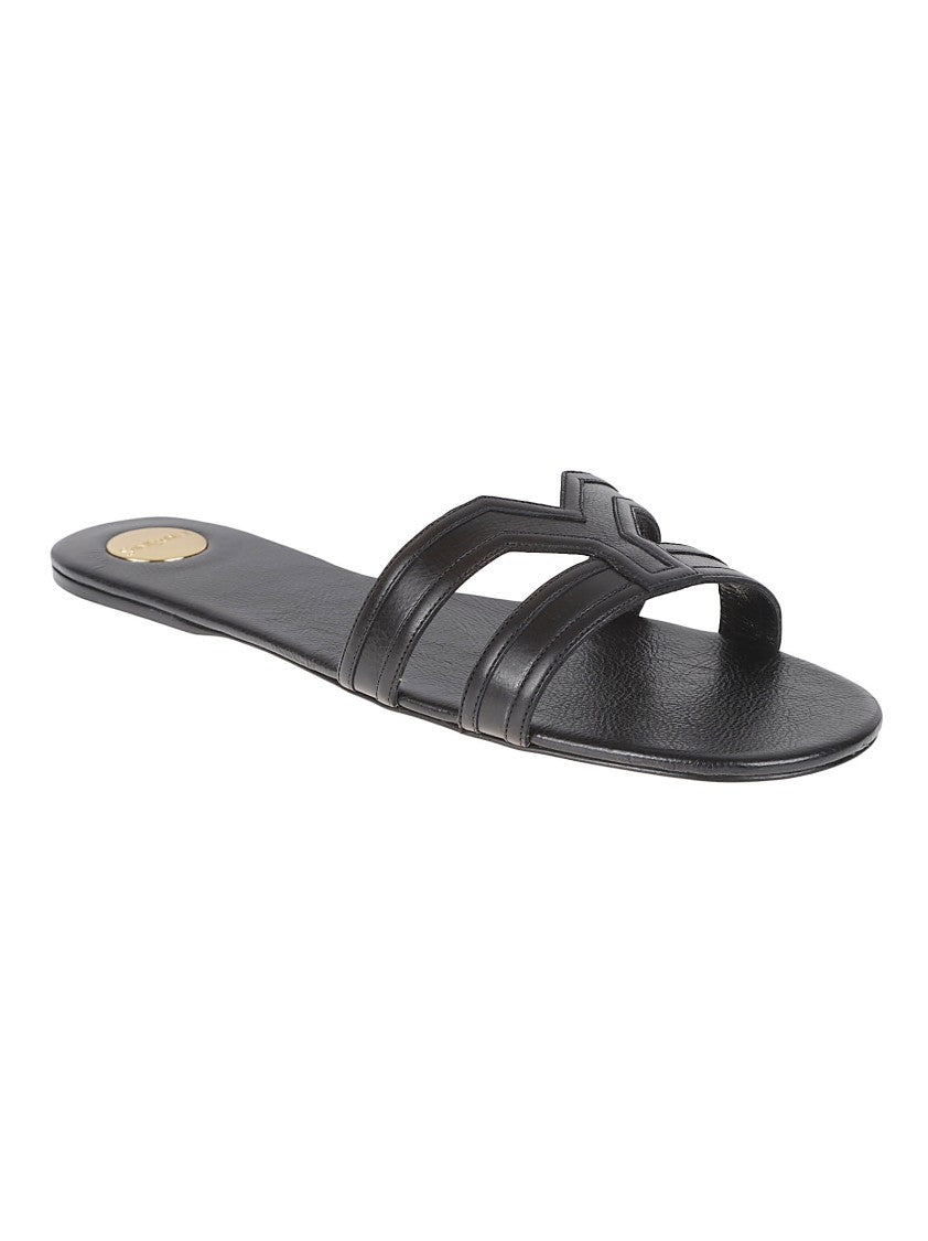 Saint Laurent Rounded Toe Sandals With Double Thick Strap And Leather Sole