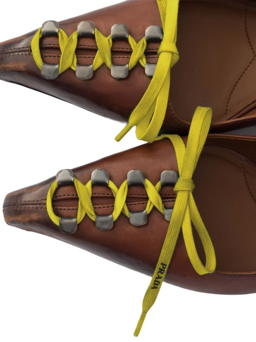 Prada Brown Leather Pointed Toe Lace-Up Flats