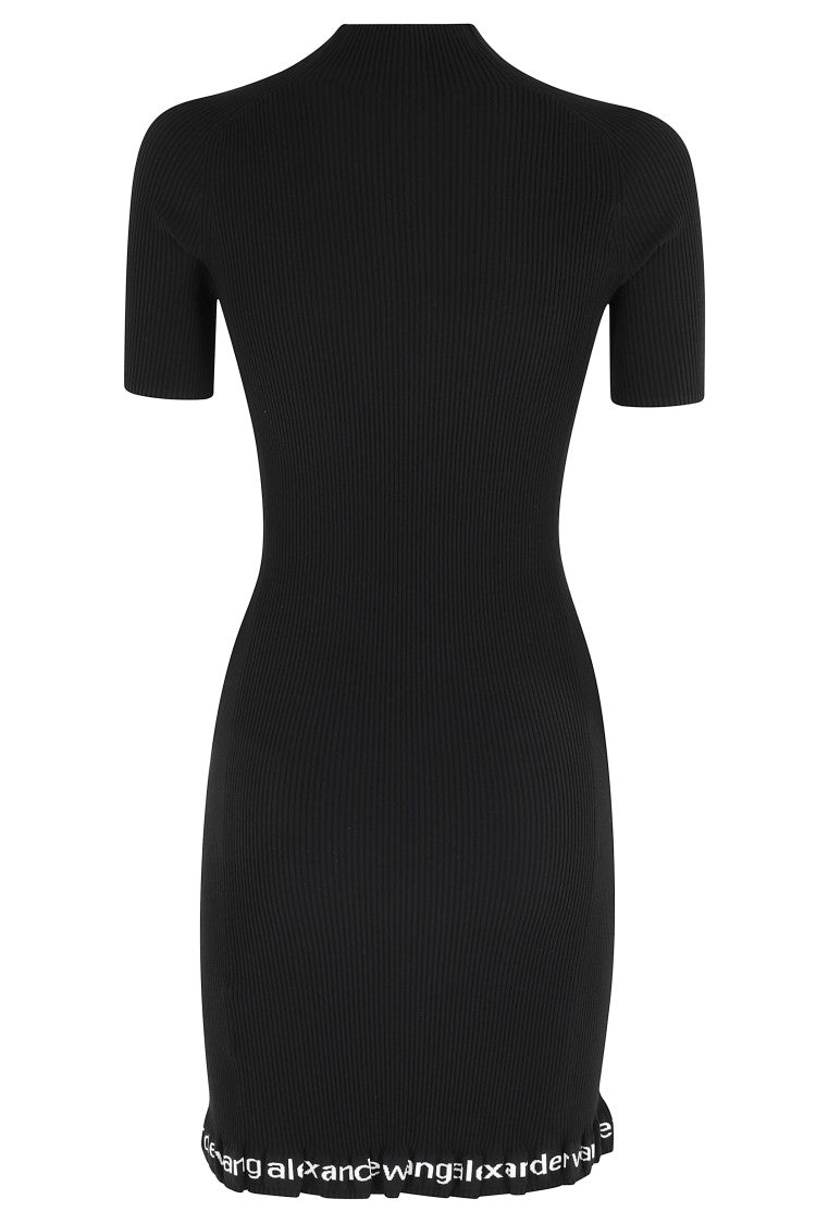 Alexander Wang Black Ribbed Ruffled Logo-Printed Polyamide-Blend Mini Dress
