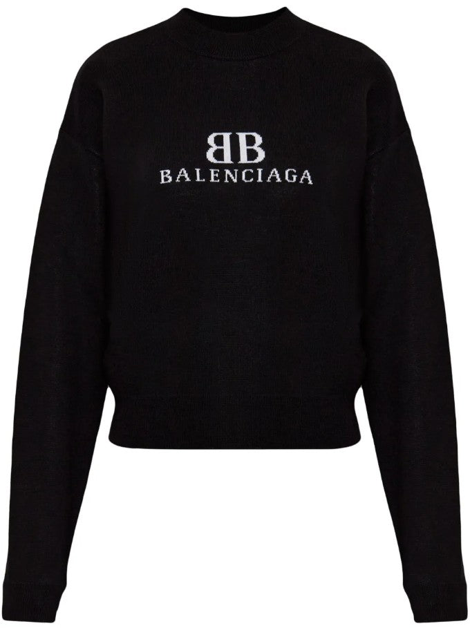 Balenciaga Cropped Black Sweatshirt With Classic Crew Neckline And Contrasting Logo