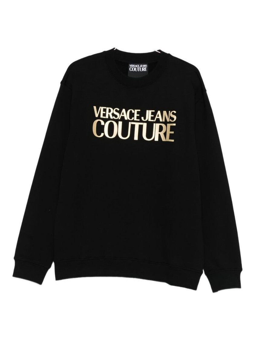Versace Jeans Couture Black Cotton Sweatshirt With Metallic Gold Logo