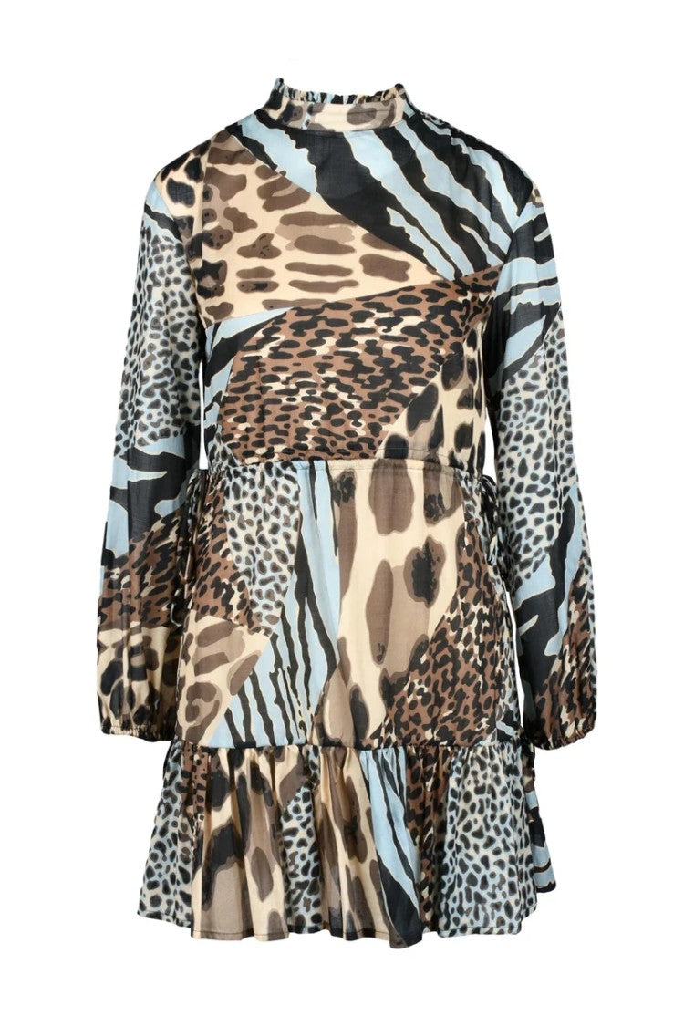 Manila Grace Gauzed Dress - Brown/Light Blue