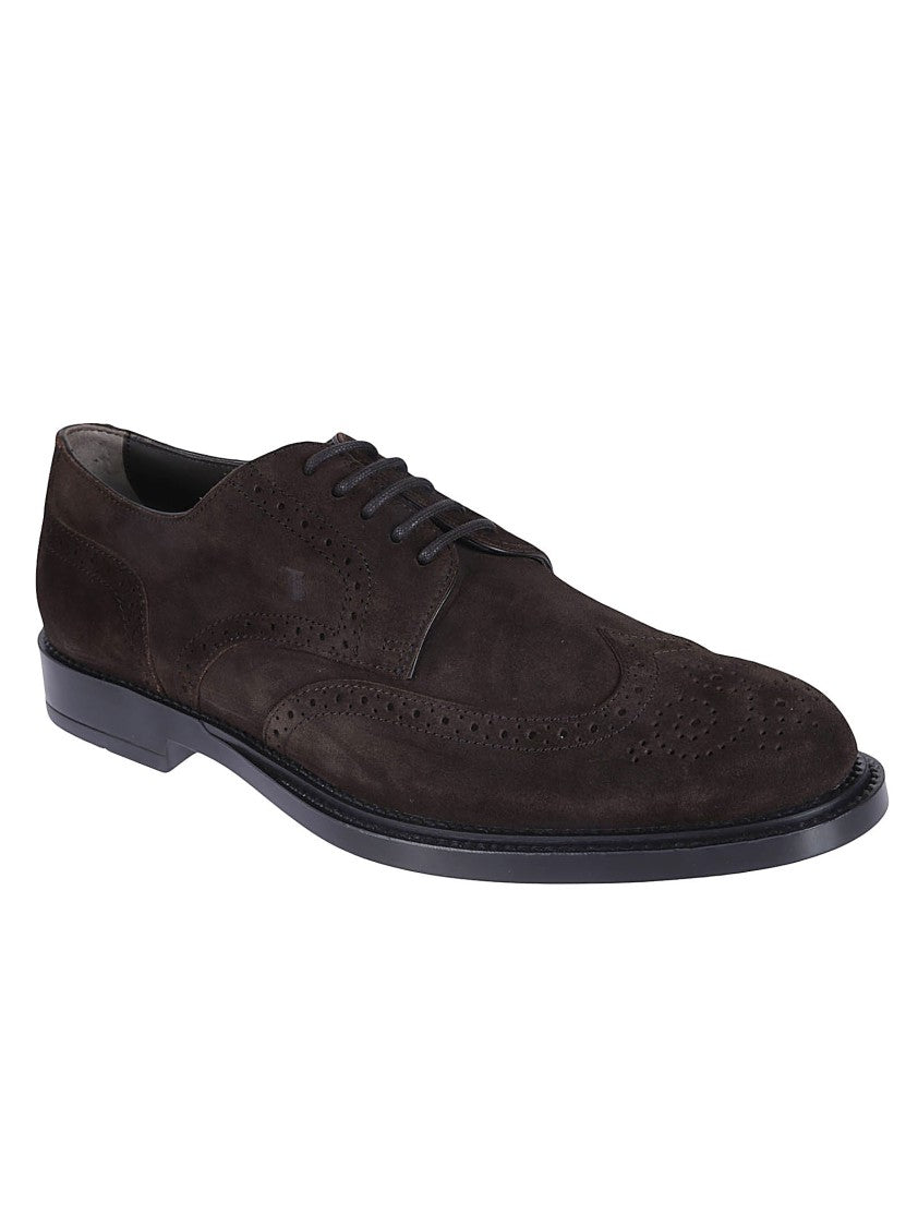 Tod's Brown Wingtip Derby Shoes With Intricate Brogue Detailing