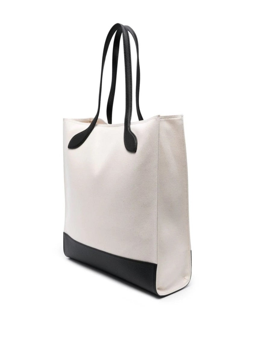 Bally Spacious Beige Canvas Tote With Black Leather Accents