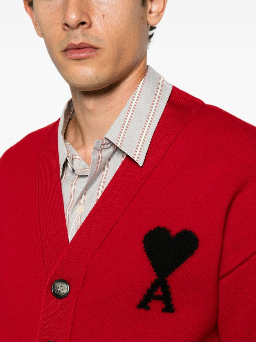 Ami Paris Monogram V-Neck Sweater - Red