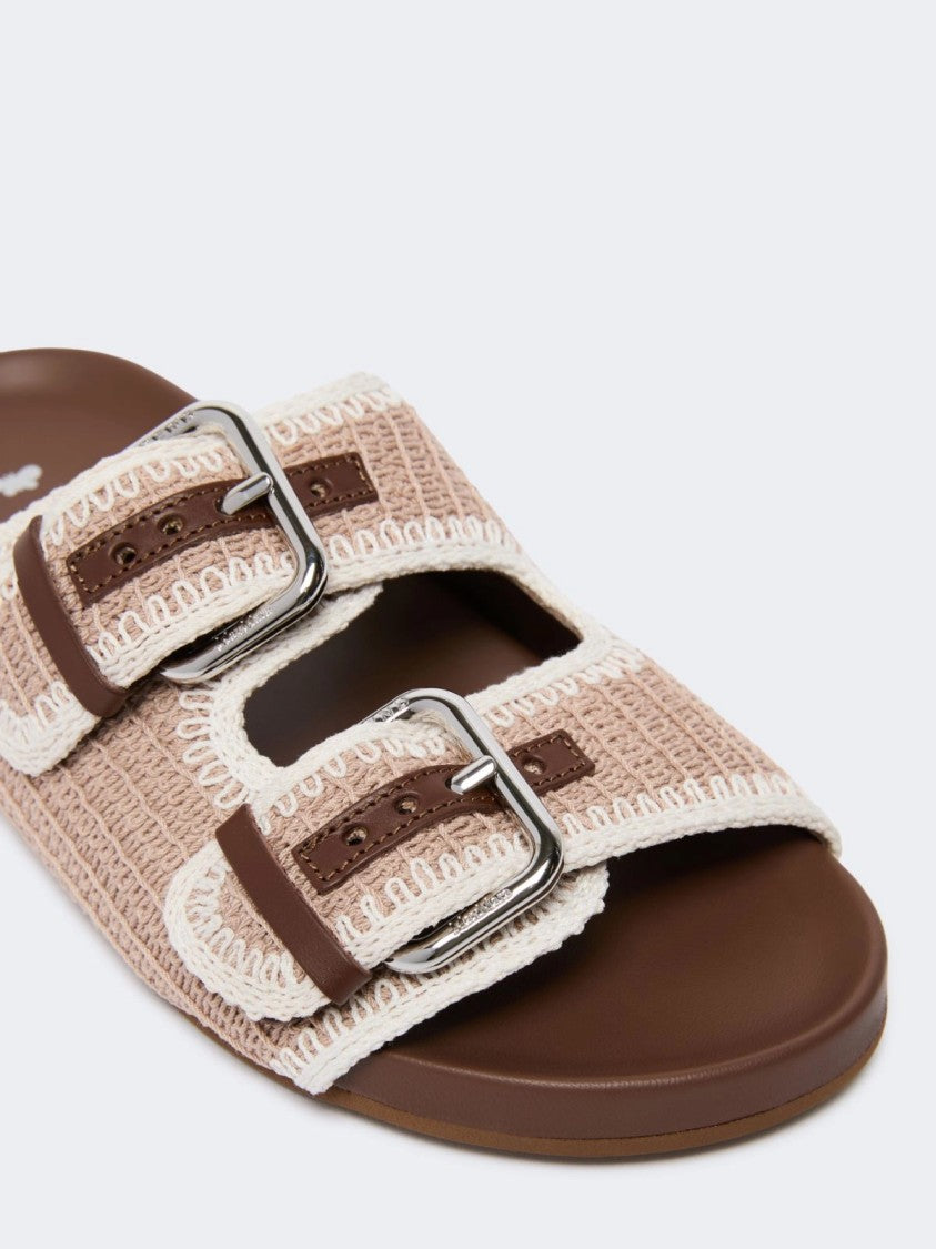 Max Mara Beige Woven Slide Sandals With Silver Buckle Accents