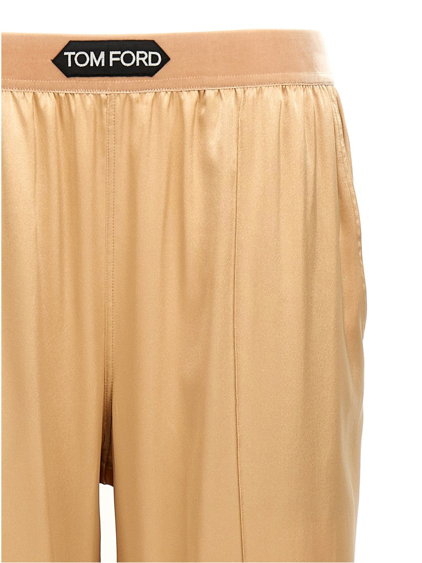 Tom Ford Straight-Leg Pajama Style Silk Pants With Velvet Logo Waistband