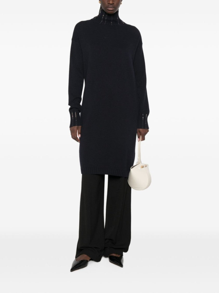 Fabiana Filippi Dark Blue Bead-Embellished Knitted Midi Dress