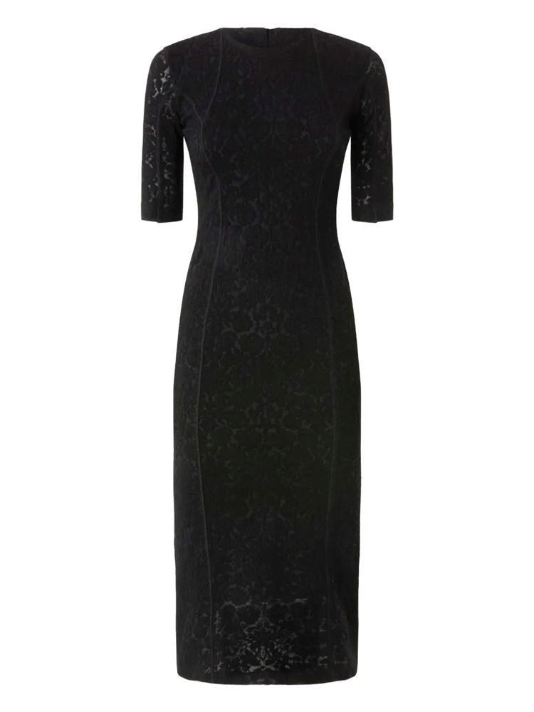 Pinko Fitted Black Midi Dress With Textured Fabric And Vertical Seam Lines