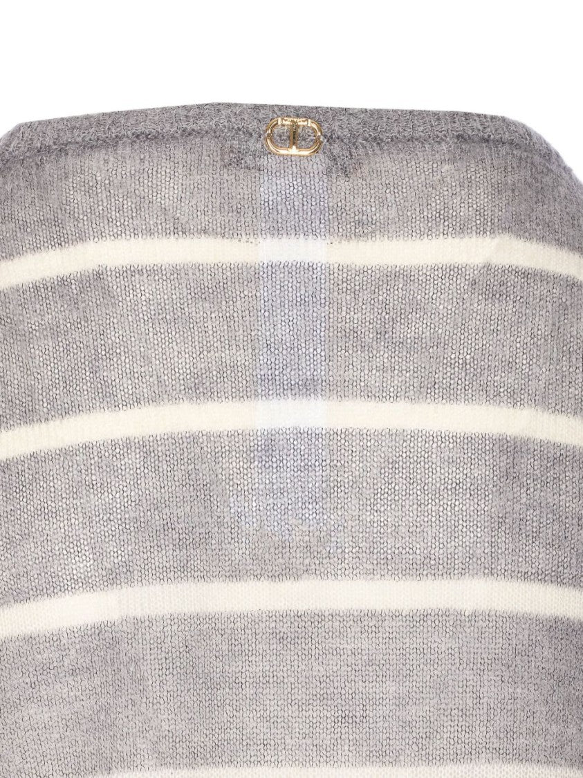 Twin-Set Grey Striped Sweater With Lace Floral Embellishment And Embroidered Detail