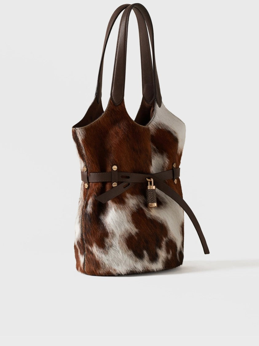 Borbonese Bucket Handbag With Textured Cowhide Pattern And Gold-Tone Accents