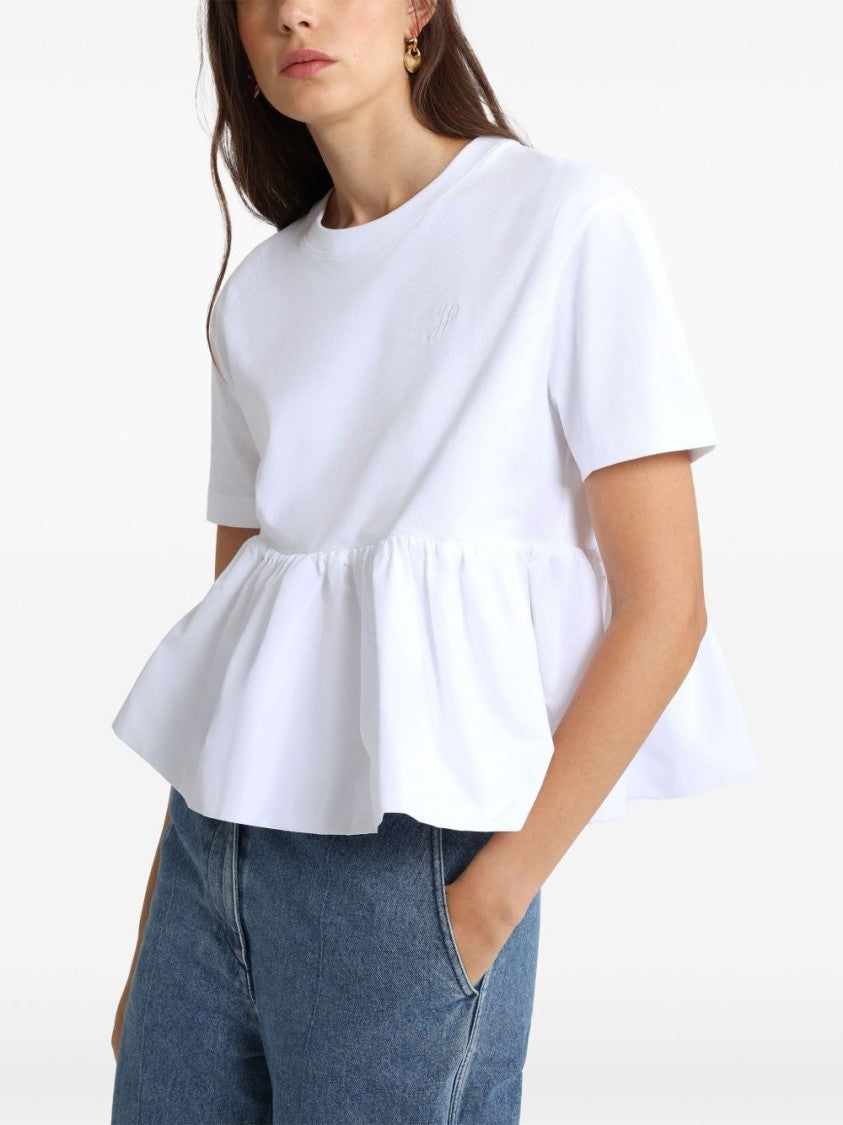 Patou White Crew Neck T-Shirt With Ruffle Hem
