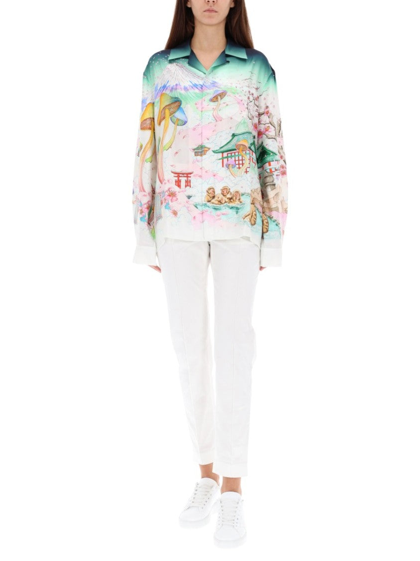 Casablanca Japanese Landscape Print Silk Shirt With Classic Collar