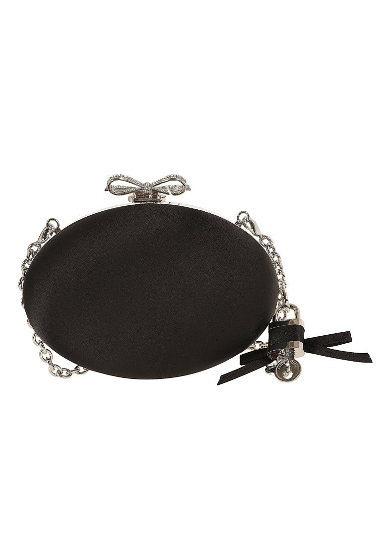 Self-Portrait Black Satin Oval Crystal Bow Snap Clutch