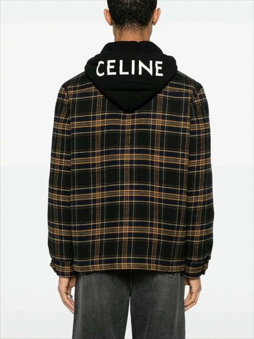 Celine Hooded Plaid Casual Jacket With Button Detail