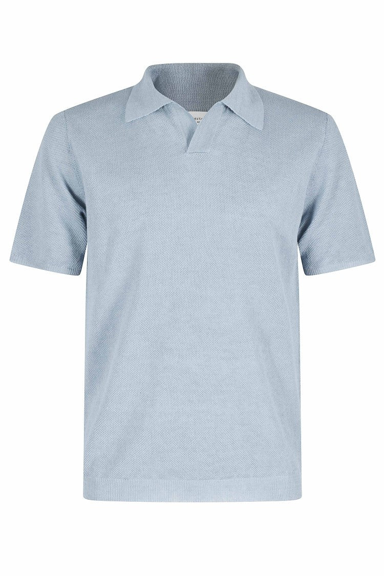 Roberto Collina Light Blue Basic Short Sleeve Ribbed Trim Linen Polo Shirt