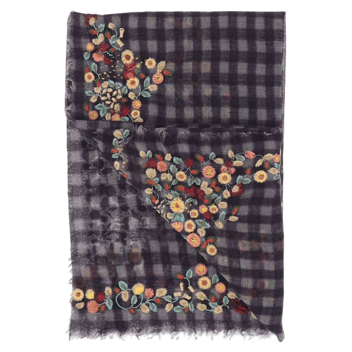 Faliero Sarti Rectangular Scarf With Floral Appliqués And Check Pattern