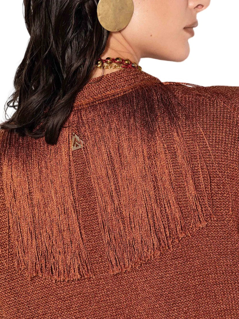 Akep Viscose-Cotton Rayon Deep V-Neck Fringe Cardigan