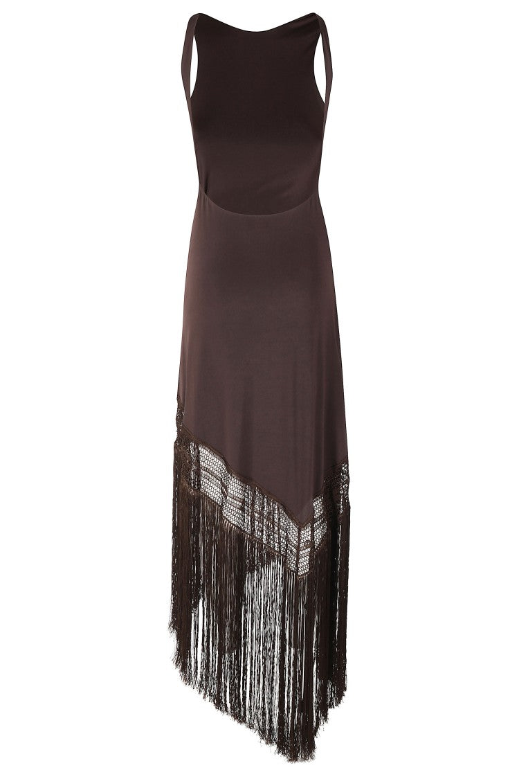 The Andamane Brown Marisol American-Neck Fringe-Bottom Polyester Midi Dress