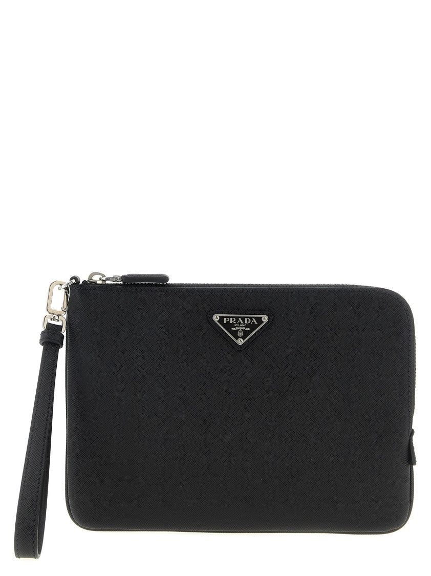 Prada Refined Saffiano Leather Clutch With Enameled Logo