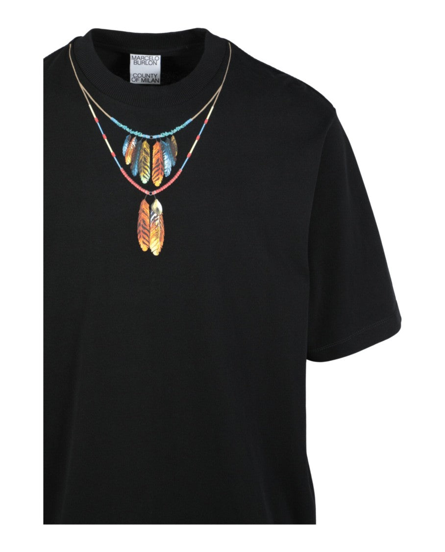 Marcelo Burlon Feathers Necklace Graphic Black T-Shirt