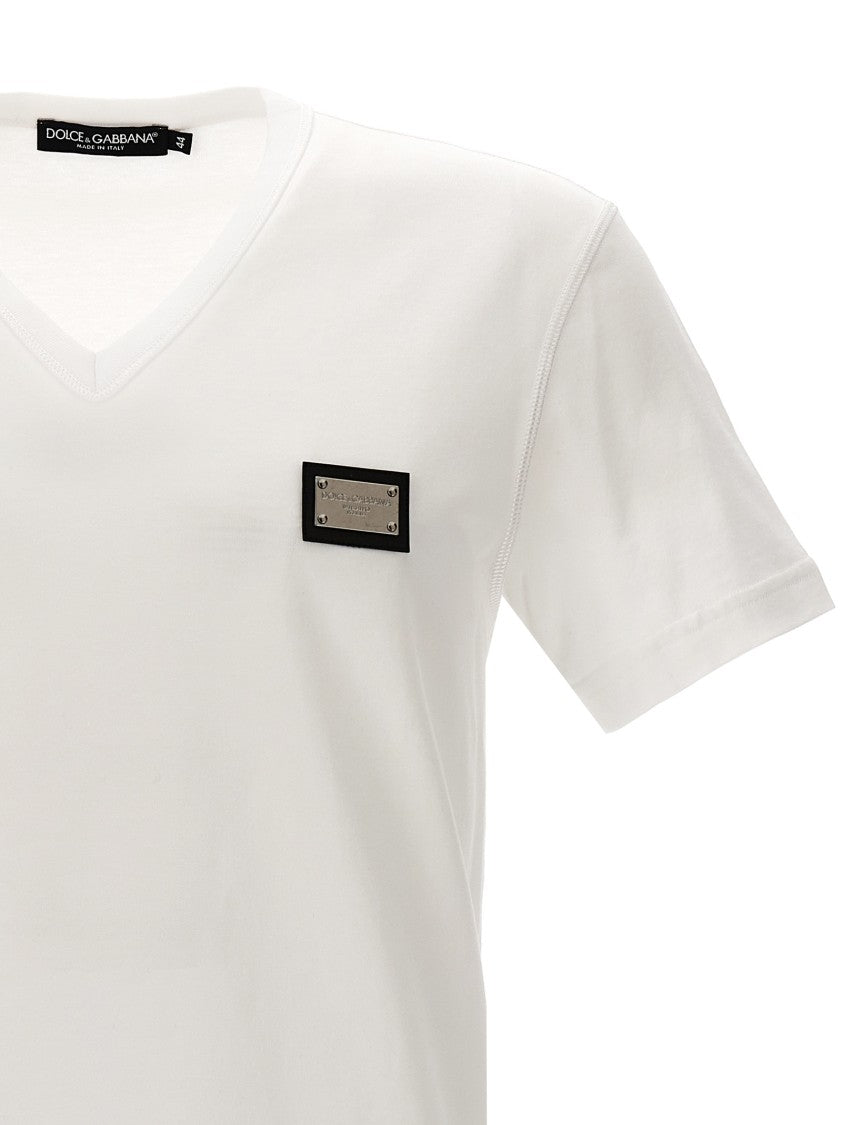Dolce & Gabbana V-Neck White Cotton T-Shirt With Logo Plaque