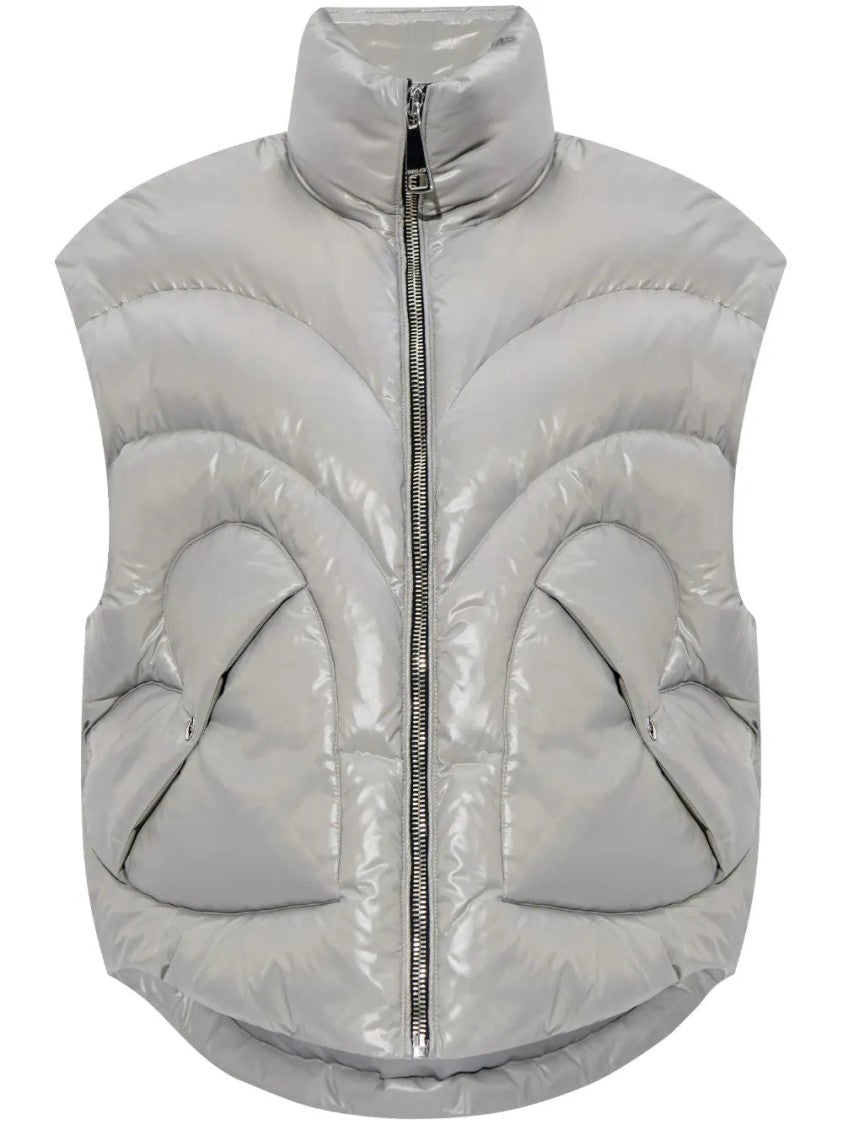 Khrisjoy Silver Puffer Vest With High Collar And Textured Quilting