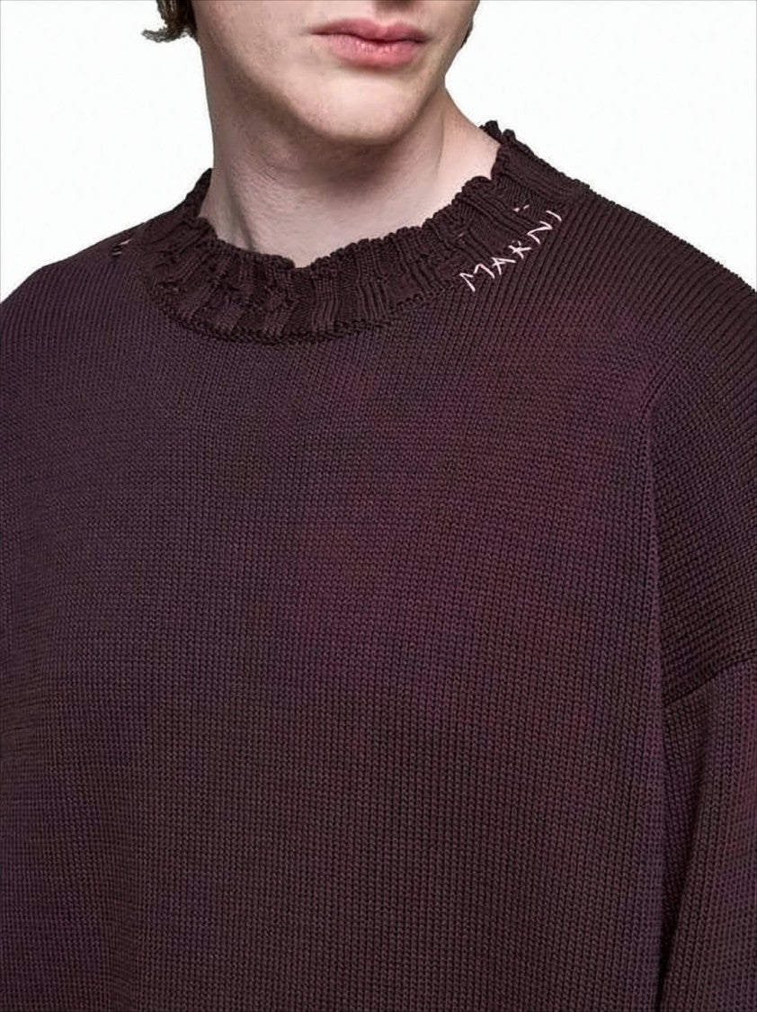 Marni Distressed Cotton Knit Sweater With Embroidered Logo
