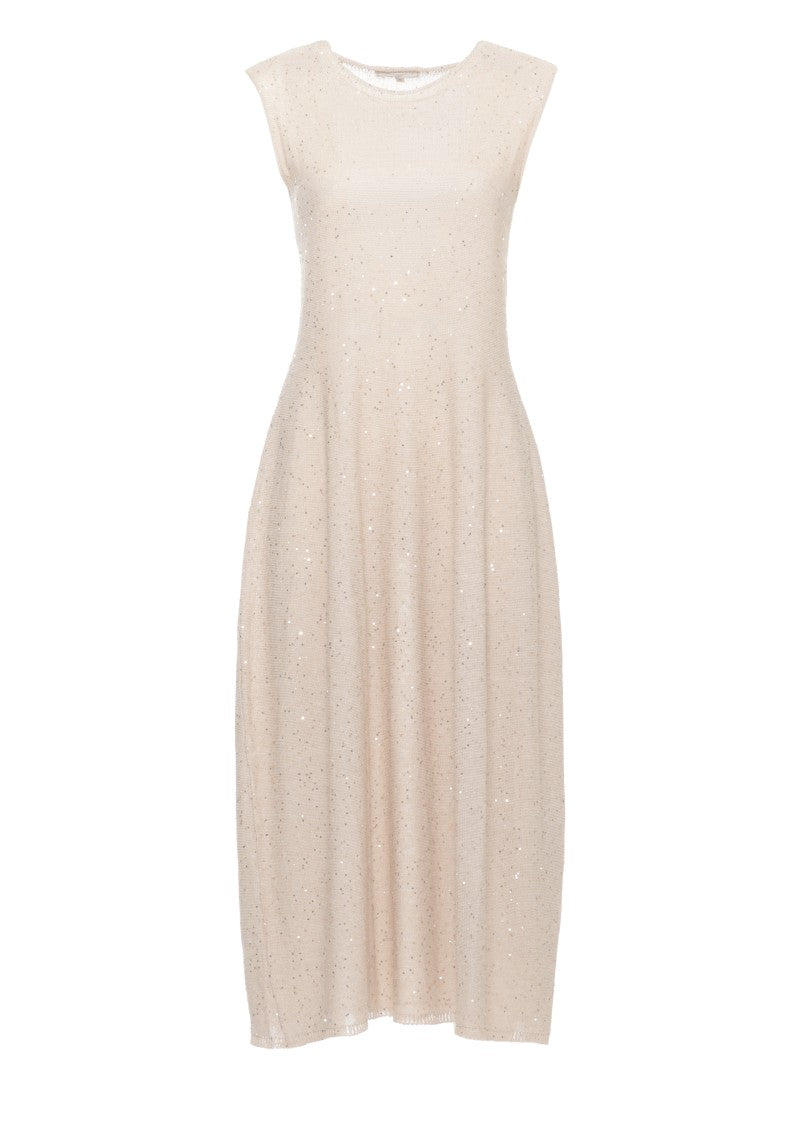 Antonelli Firenze Beige Midi Dress With Sequined Embellishments And Relaxed Silhouette