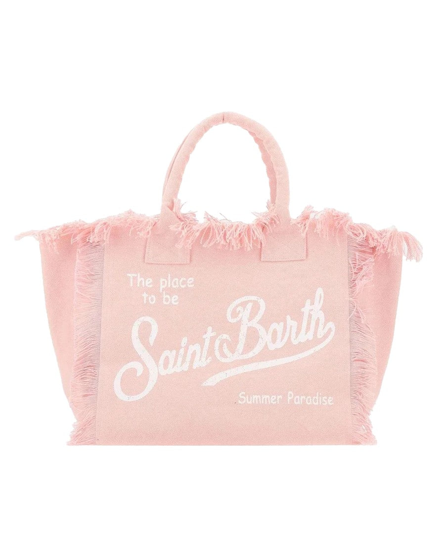 Mc2 Saint Barth Fringed Pink Cotton Canvas Tote Bag With Logo Design