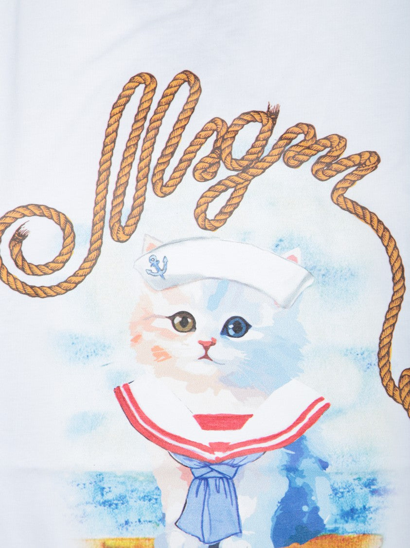Msgm Cat Graphic Print White T-Shirt