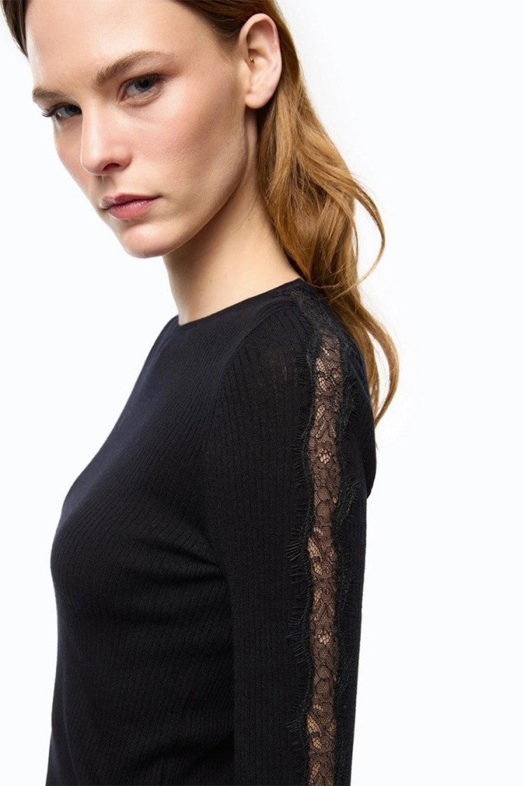Pinko Black Wool-Cashmere Blend Ribbed Crew-Neck Sweater