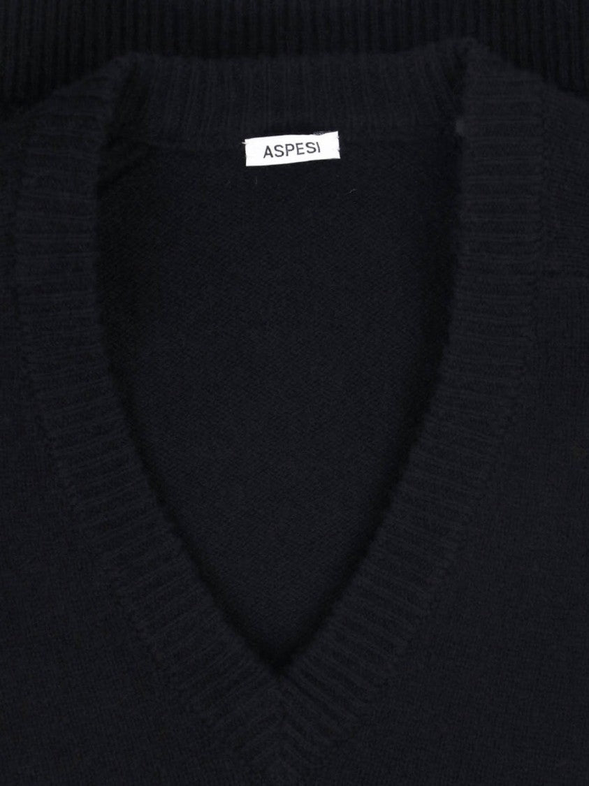 Aspesi Black Wool V-Neck Sweater