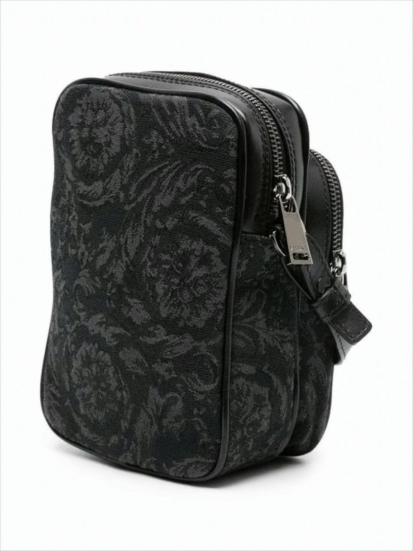 Versace Compact Floral Jacquard Crossbody Bag With Leather Trim