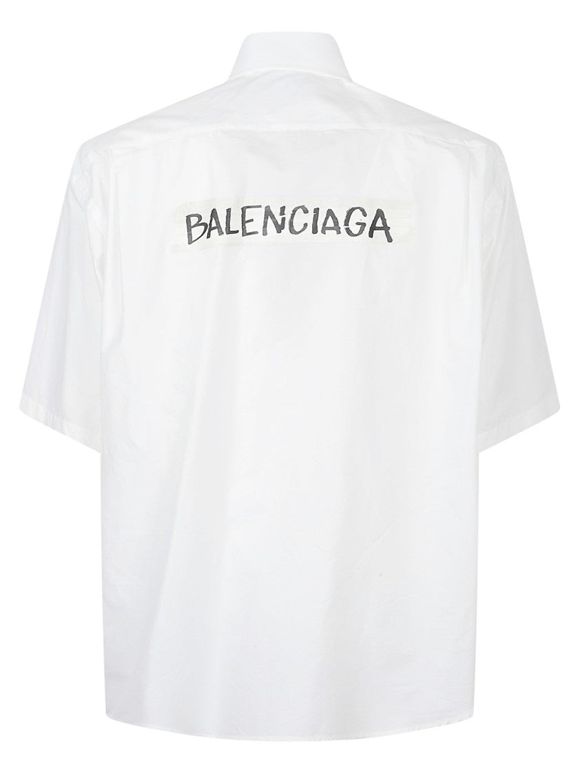 Balenciaga Short-Sleeve White Shirt With Button-Down Collar And Logo Detail